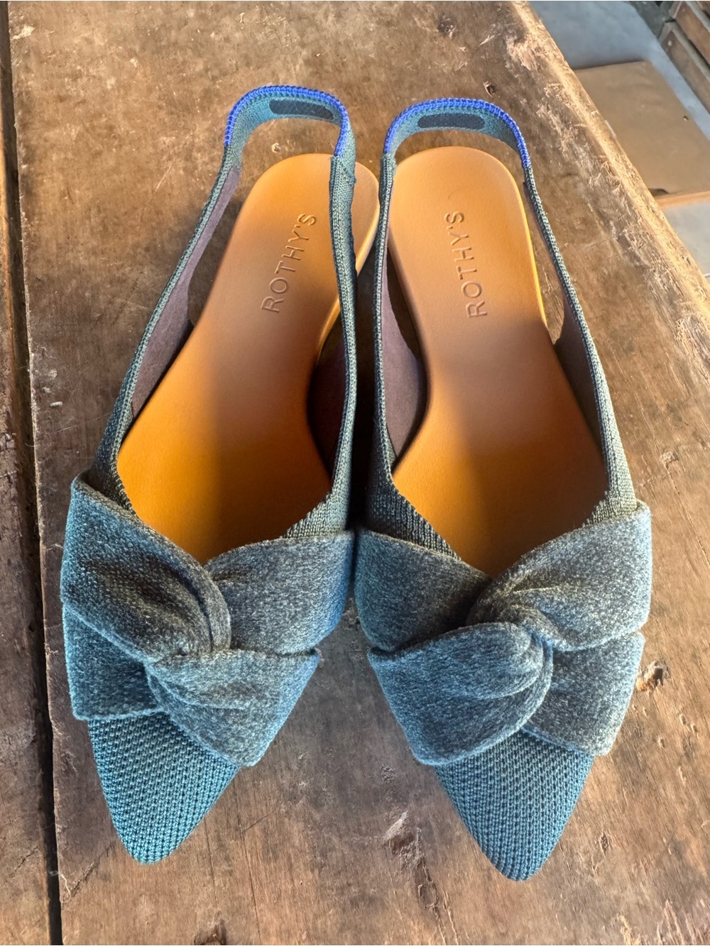 Rothy’s Slingback Flats Women’s 6.5 Turquoise Blue Bow Pointed Toe Knit Shoes